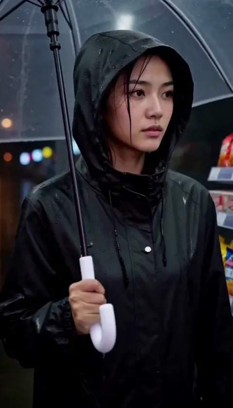 林夏戴上帽兜撑伞出门